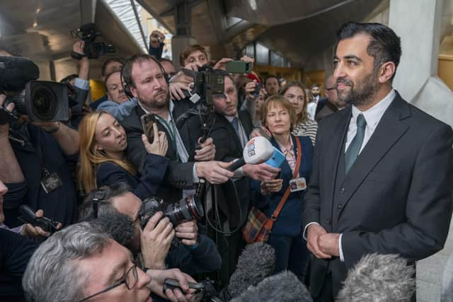 Humza Yousaf speaks to the media after being voted the new First Minister at the Scottish Parliament in Edinburgh. Picture date: Tuesday March 28, 2023.