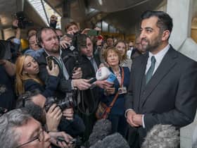 Humza Yousaf speaks to the media after being voted the new First Minister at the Scottish Parliament in Edinburgh. Picture date: Tuesday March 28, 2023.