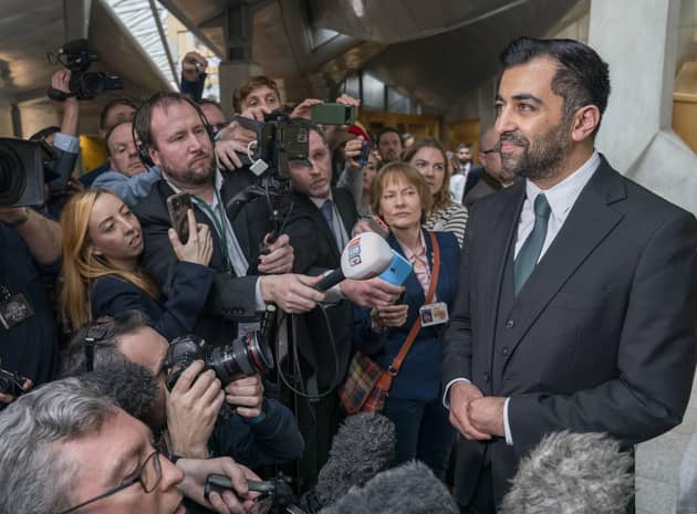 Humza Yousaf speaks to the media after being voted the new First Minister at the Scottish Parliament in Edinburgh. Picture date: Tuesday March 28, 2023.