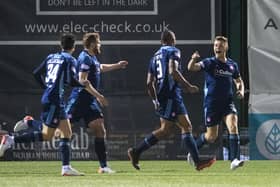 Hamilton's Marios Ogkmpoe (centre) celebrates making it 1-1 with his team-mates against Aberdeen.