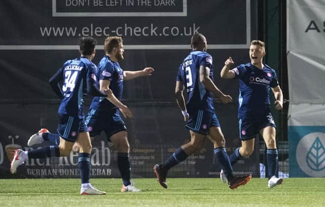 Hamilton's Marios Ogkmpoe (centre) celebrates making it 1-1 with his team-mates against Aberdeen.