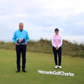 Martin Slumbers with the #FOREeveryone toolkit, which has been supported by Australian major winner Hannah Green, left and 2018 Women's Open champion Georgia Hall, right. Picture: R&A - Handout/R&A via Getty Images