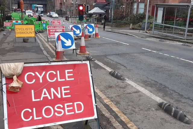 Roadworks signs in Clarence Drive in the Hyndland area of Glasgow. Picture: The Scotsman