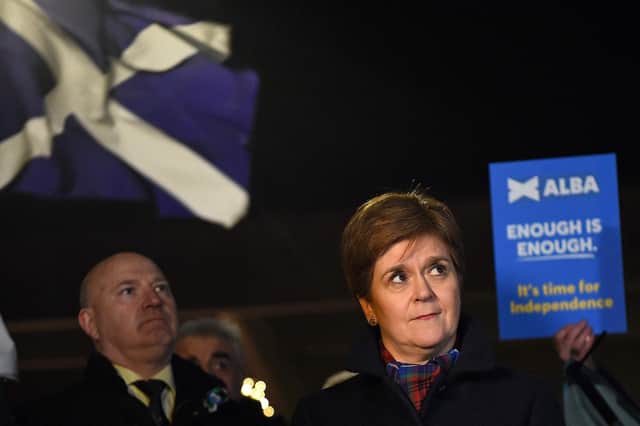 Nicola Sturgeon attends a pro-Scottish independence rally outside the Scottish Parliament following the ruling