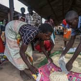 A displaced woman gets her ration of maize at a camp for people displaced by flash floods in Bangula, southern Malawi, in 2019 (Picture: Amos Gumulira/AFP via Getty Images)