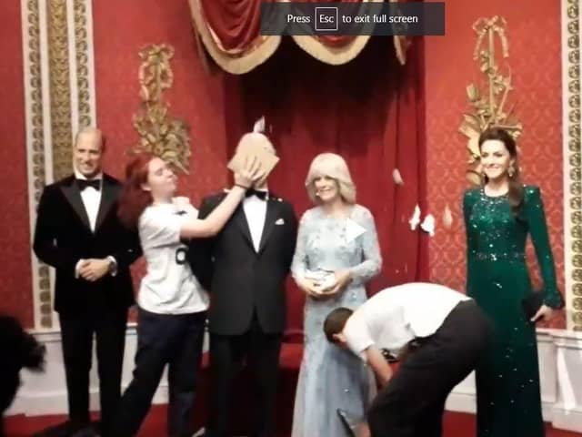 Two supporters of Just Stop Oil have covered Madame Tussauds waxwork model of King Charles III