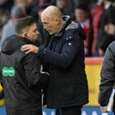 Rangers manager Philippe Clement speaks to the fourth official at full-time after the 1-1 draw with Aberdeen at Pittodrie. (Photo by Craig Williamson / SNS Group)