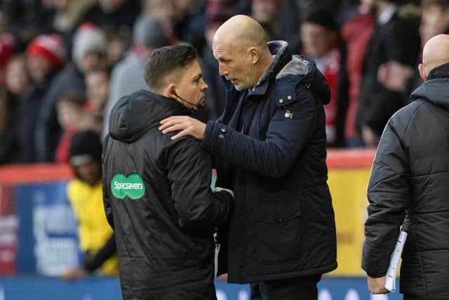 Rangers manager Philippe Clement speaks to the fourth official at full-time after the 1-1 draw with Aberdeen at Pittodrie. (Photo by Craig Williamson / SNS Group)