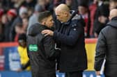 Rangers manager Philippe Clement speaks to the fourth official at full-time after the 1-1 draw with Aberdeen at Pittodrie. (Photo by Craig Williamson / SNS Group)