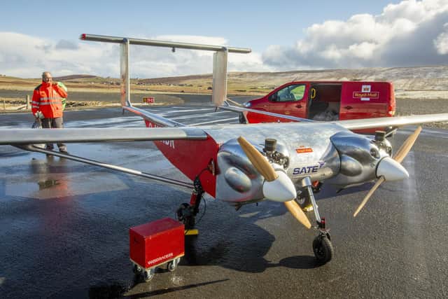 The UAV being loaded with mail before the flight to Unst