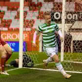 Celtic's Leigh Griffiths makes it 1-1 against Aberdeen.