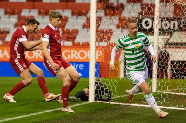 Celtic's Leigh Griffiths makes it 1-1 against Aberdeen.