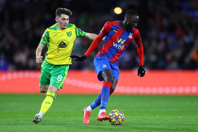 Cheikhou Kouyate of Crystal Palace battles for possession with Billy Gilmour of Norwich City during the Premier League match at Selhurst Park. (Photo by Bryn Lennon/Getty Images)