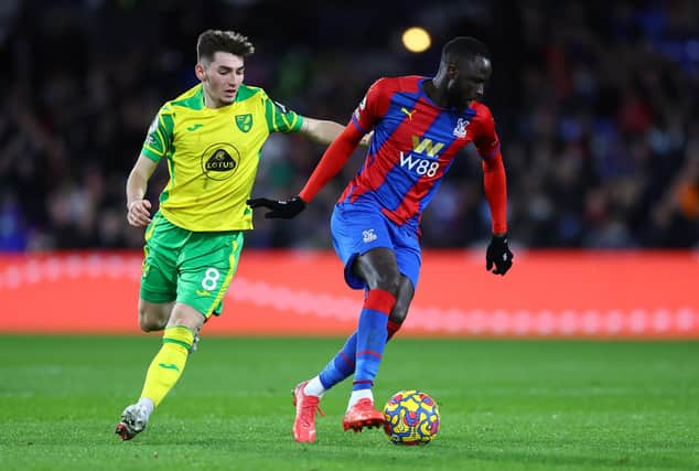 Cheikhou Kouyate of Crystal Palace battles for possession with Billy Gilmour of Norwich City during the Premier League match at Selhurst Park. (Photo by Bryn Lennon/Getty Images)