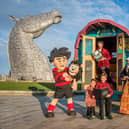 Dennis the Menace and Mary Queen of Scots paid a visit with eight-year-old Rocco Cesari and five-year-old Francesca Cesari to Luke Winter of the Story Wagon – a touring space offering creative writing, traditional storytelling and story sharing activities – at The Kelpies in Falkirk to launch Scotland's Year of Stories. Picture: VisitScotland/Chris Watt