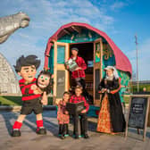 Dennis the Menace and Mary Queen of Scots paid a visit with eight-year-old Rocco Cesari and five-year-old Francesca Cesari to Luke Winter of the Story Wagon – a touring space offering creative writing, traditional storytelling and story sharing activities – at The Kelpies in Falkirk to launch Scotland's Year of Stories. Picture: VisitScotland/Chris Watt