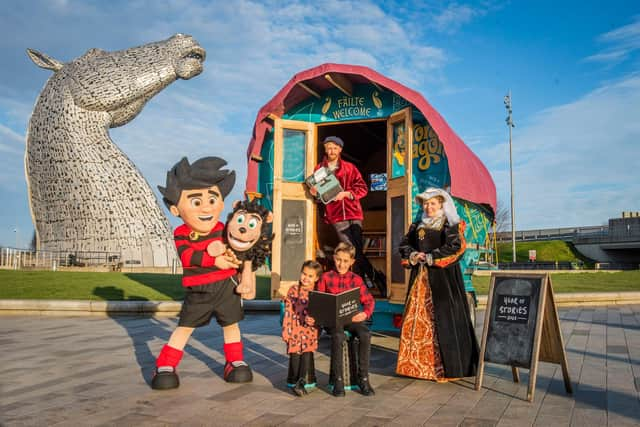 Dennis the Menace and Mary Queen of Scots paid a visit with eight-year-old Rocco Cesari and five-year-old Francesca Cesari to Luke Winter of the Story Wagon – a touring space offering creative writing, traditional storytelling and story sharing activities – at The Kelpies in Falkirk to launch Scotland's Year of Stories. Picture: VisitScotland/Chris Watt