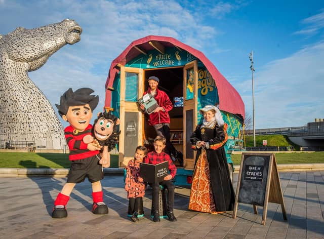 Dennis the Menace and Mary Queen of Scots paid a visit with eight-year-old Rocco Cesari and five-year-old Francesca Cesari to Luke Winter of the Story Wagon – a touring space offering creative writing, traditional storytelling and story sharing activities – at The Kelpies in Falkirk to launch Scotland's Year of Stories. Picture: VisitScotland/Chris Watt