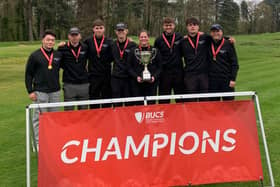 Lorna McClymont, holding the trophy, and her team-mates celebrate Stirling's success in the British Universities & Colleges Sports (BUCS) Championship at Woodhall Spa. Picture: BUCS