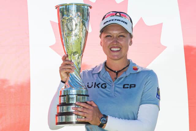 Canadian Brooke Henderson shows off the trophy after winning the Amundi Evian Championship in France. Picture: LET
