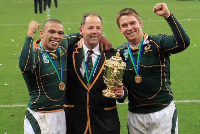 South Africa's World Cup-winning coach Jake White, centre, has given his support to World 12s. Picture: AFP via Getty Images