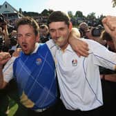 Graeme McDowell and Padraig Harrington celebrate following Europe's victory in the 2010 Ryder Cup at the Celtic Manor Resort in Newport. Picture: Sam Greenwood/Getty Images.