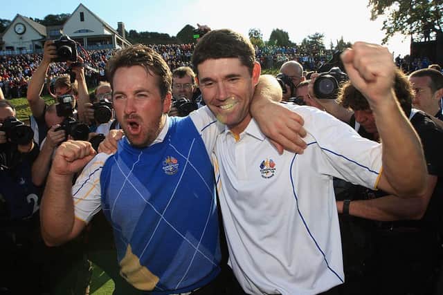 Graeme McDowell and Padraig Harrington celebrate following Europe's victory in the 2010 Ryder Cup at the Celtic Manor Resort in Newport. Picture: Sam Greenwood/Getty Images.