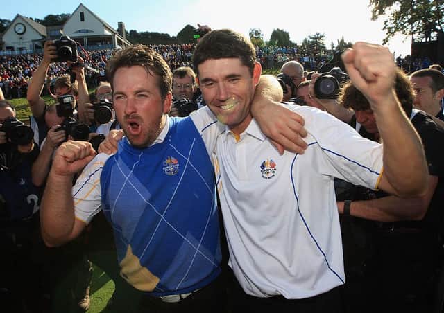 Graeme McDowell and Padraig Harrington celebrate following Europe's victory in the 2010 Ryder Cup at the Celtic Manor Resort in Newport. Picture: Sam Greenwood/Getty Images.