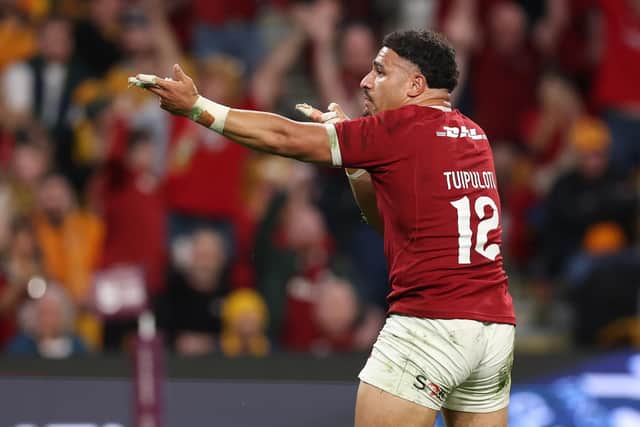 Sione Tuipulotu celebrates after scoring the first try for British and Irish Lions in the first Test win over Australia at Suncorp Stadium on Saturday. (Photo by David Rogers/Getty Images)