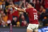 Sione Tuipulotu celebrates after scoring the first try for British and Irish Lions in the first Test win over Australia at Suncorp Stadium on Saturday. (Photo by David Rogers/Getty Images)