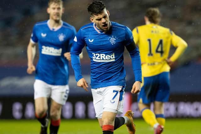 Rangers' Ianis Hagi celebrates making it 1-0 during the Scottish Premiership match between Rangers and St Johnstone at Ibrox Stadium, on February 03, 2021, in Glasgow, Scotland. (Photo by Alan Harvey / SNS Group)