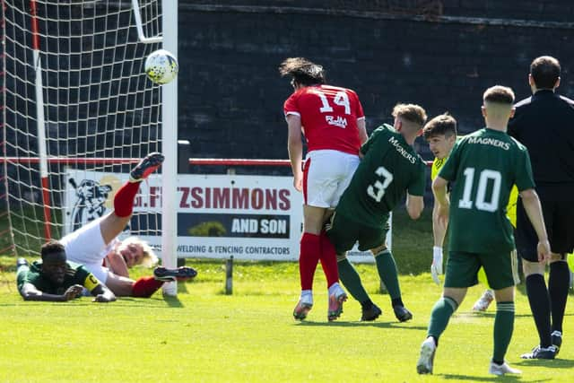 George Hunter scores to make it 2-0 Bonnyrigg Rose against Celtic B at New Dundas Park. Picture: Mark Scates / SNS Group