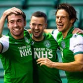 Jamie Murphy celebrates with Steven Mallan and Joe Newell after scoring to make it 1-0 to Hibs during the Scottish Premiership match against Celtic at Easter Road, on November 21, 2020 (Photo by Craig Foy / SNS Group)