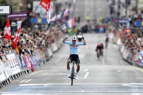 Belgium’s Lotte Kopecky celebrates winning the women’s elite road race during Cycling World Championships in Glasgow (Picture: Will Matthews/PA)