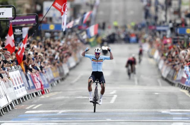 Belgium’s Lotte Kopecky celebrates winning the women’s elite road race during Cycling World Championships in Glasgow (Picture: Will Matthews/PA)