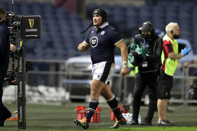Zander Fagerson was sent off in the Guinness Six Nations match against Wales. Picture: Jane Barlow/PA