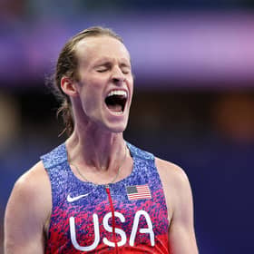 Cole Hocker of Team USA celebrates winning the gold medal after the men's 1500m final at the Paris Olympics. (Photo by Michael Steele/Getty Images)