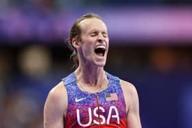 Cole Hocker of Team USA celebrates winning the gold medal after the men's 1500m final at the Paris Olympics. (Photo by Michael Steele/Getty Images)