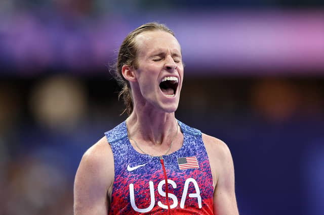 Cole Hocker of Team USA celebrates winning the gold medal after the men's 1500m final at the Paris Olympics. (Photo by Michael Steele/Getty Images)