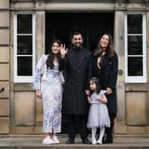 Humza Yousaf, with his wife Nadia El-Nakla, daughter Amal, three, and step-daughter Maya (left) arriving at Bute House, Edinburgh in 2023.