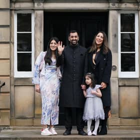 Humza Yousaf, with his wife Nadia El-Nakla, daughter Amal, three, and step-daughter Maya (left) arriving at Bute House, Edinburgh in 2023.