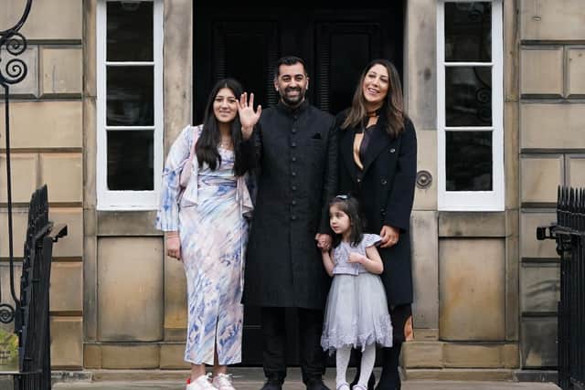 Humza Yousaf, with his wife Nadia El-Nakla, daughter Amal, three, and step-daughter Maya (left) arriving at Bute House, Edinburgh in 2023