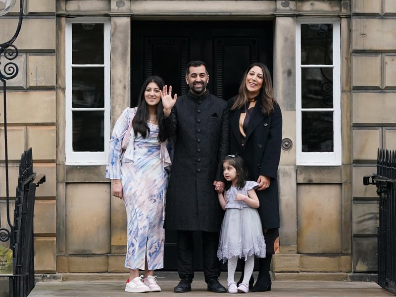 Humza Yousaf, with his wife Nadia El-Nakla, daughter Amal, three, and step-daughter Maya (left) arriving at Bute House, Edinburgh