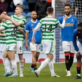 Players come together at fulltime of the third Old Firm match in season 2021-22 where Celtic win 2-1. (Photo by Craig Williamson / SNS Group)