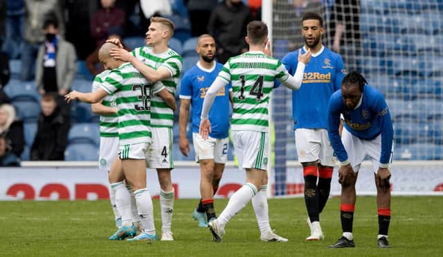 Players come together at fulltime of the third Old Firm match in season 2021-22 where Celtic win 2-1. (Photo by Craig Williamson / SNS Group)
