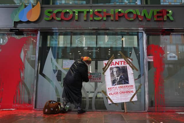 Red paint splattered on the entrance to Scottish Power headquarters in Glasgow following an Affordable energy demonstration. Picture: Andrew Milligan/PA Wire