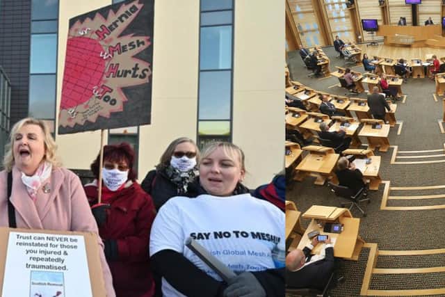 Mesh implant patients protest outside the New Victoria Hospital in Glasgow: Pic: John Devlin