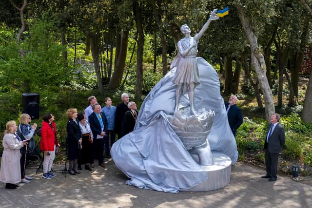 The unveiling of a 16ft-tall Ukrainian Peace Monument, dedicated to bringing peace and hope to the people of Ukraine and everywhere, at Strawberry Fields in Liverpool. Cast in aluminium, the statue depicts a man holding aloft a book, dove and the Ukrainian flag, with messages in keeping with John Lennon's famous anti-war anthem,"Give Peace a Chance".