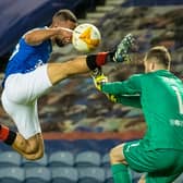 Rangers striker Kemar Roofe catches Slavia Prague goalkeeper Ondrej Kolar in the face with his boot before receiving a red card during the Europa League match at Ibrox on March 18  (Photo by Alan Harvey / SNS Group)