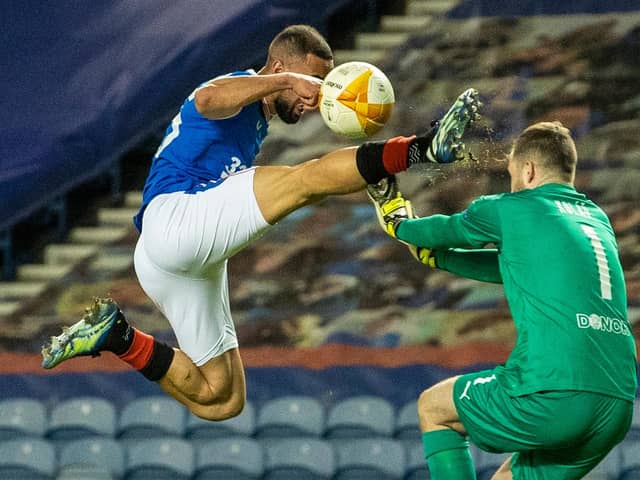Rangers striker Kemar Roofe catches Slavia Prague goalkeeper Ondrej Kolar in the face with his boot before receiving a red card during the Europa League match at Ibrox on March 18  (Photo by Alan Harvey / SNS Group)